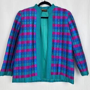 Nuan Thai Silk Womens Quilted Plaid Jacket Size L Teal Pink Vintage Boho